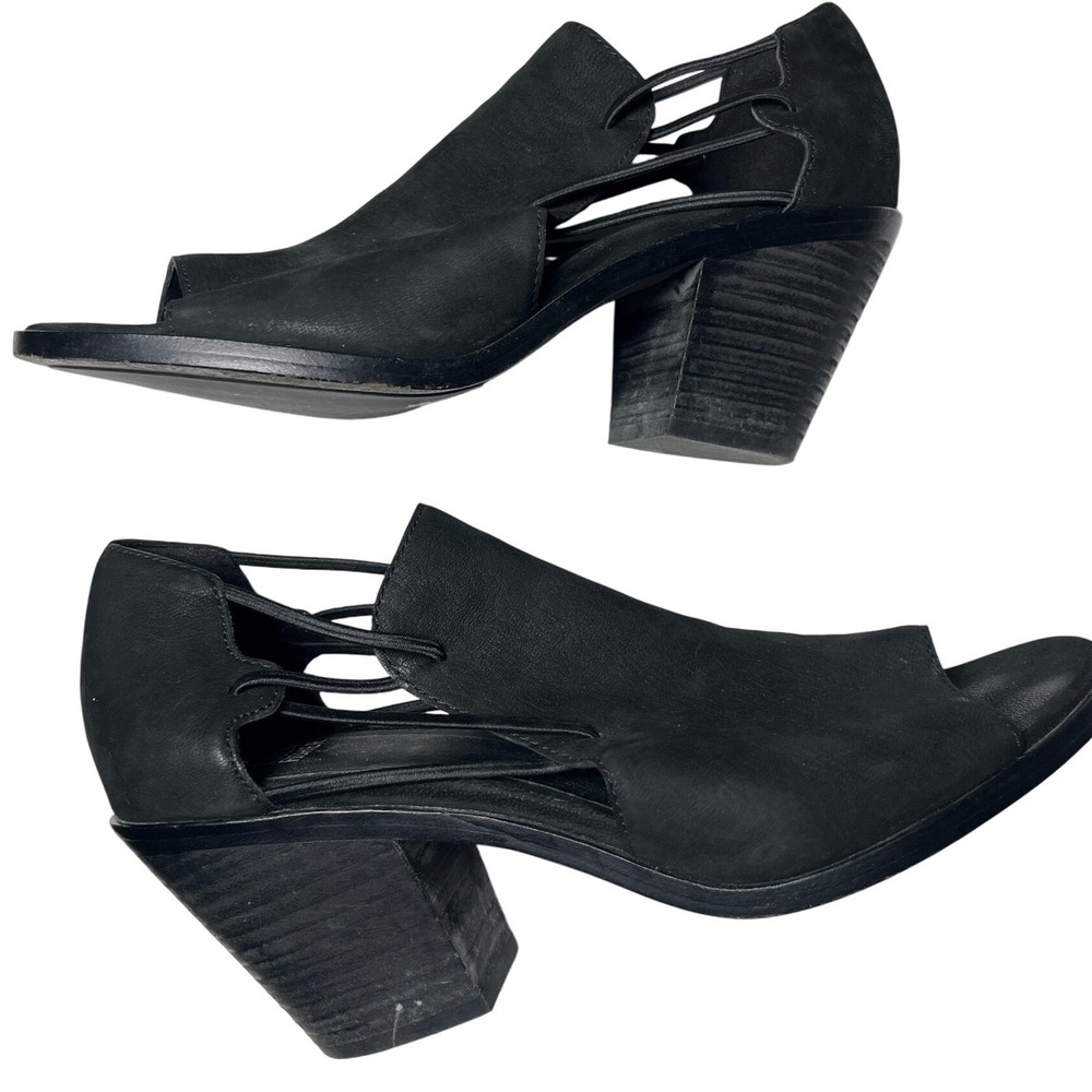 Eileen Fisher Black Leather Cutout Open Toe Block Heel Booties Ankle Sandal Sz 9
